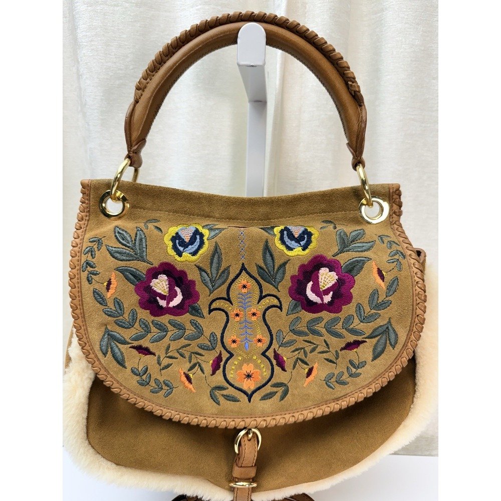 UGG Tan Leather Suede & Shearling Crossbody Floral Embroidery Boho Handbag